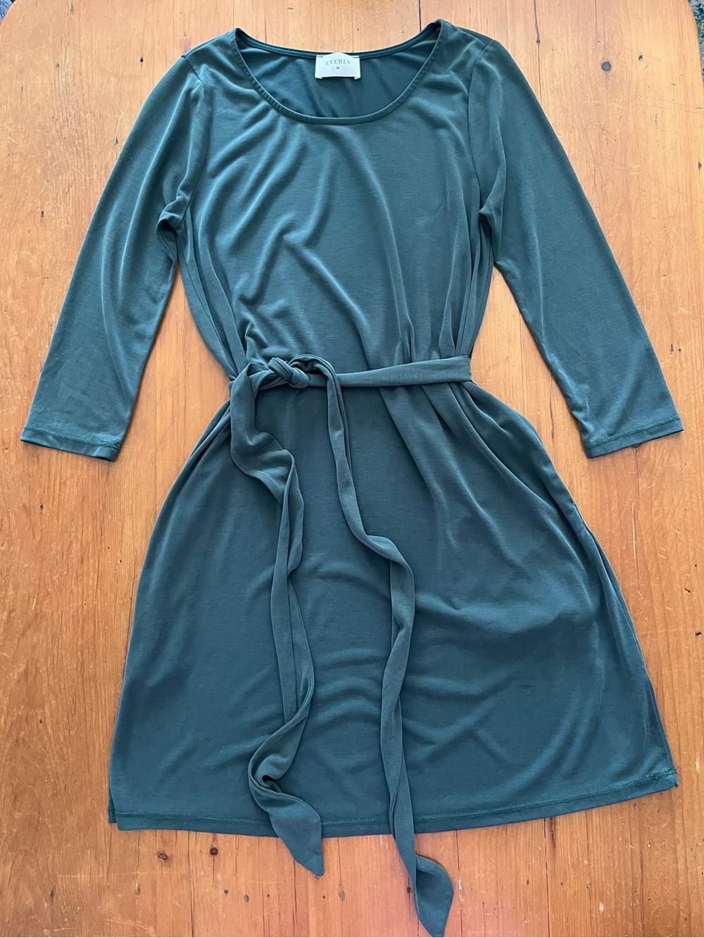 Everly Easy-wear Dark Sage Flowy Modal 3/4 Sleeve Belted Made in USA Midi Dress